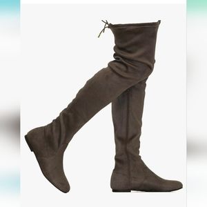 Dark Grey Faux Suede Flat Boots, Size 7.5